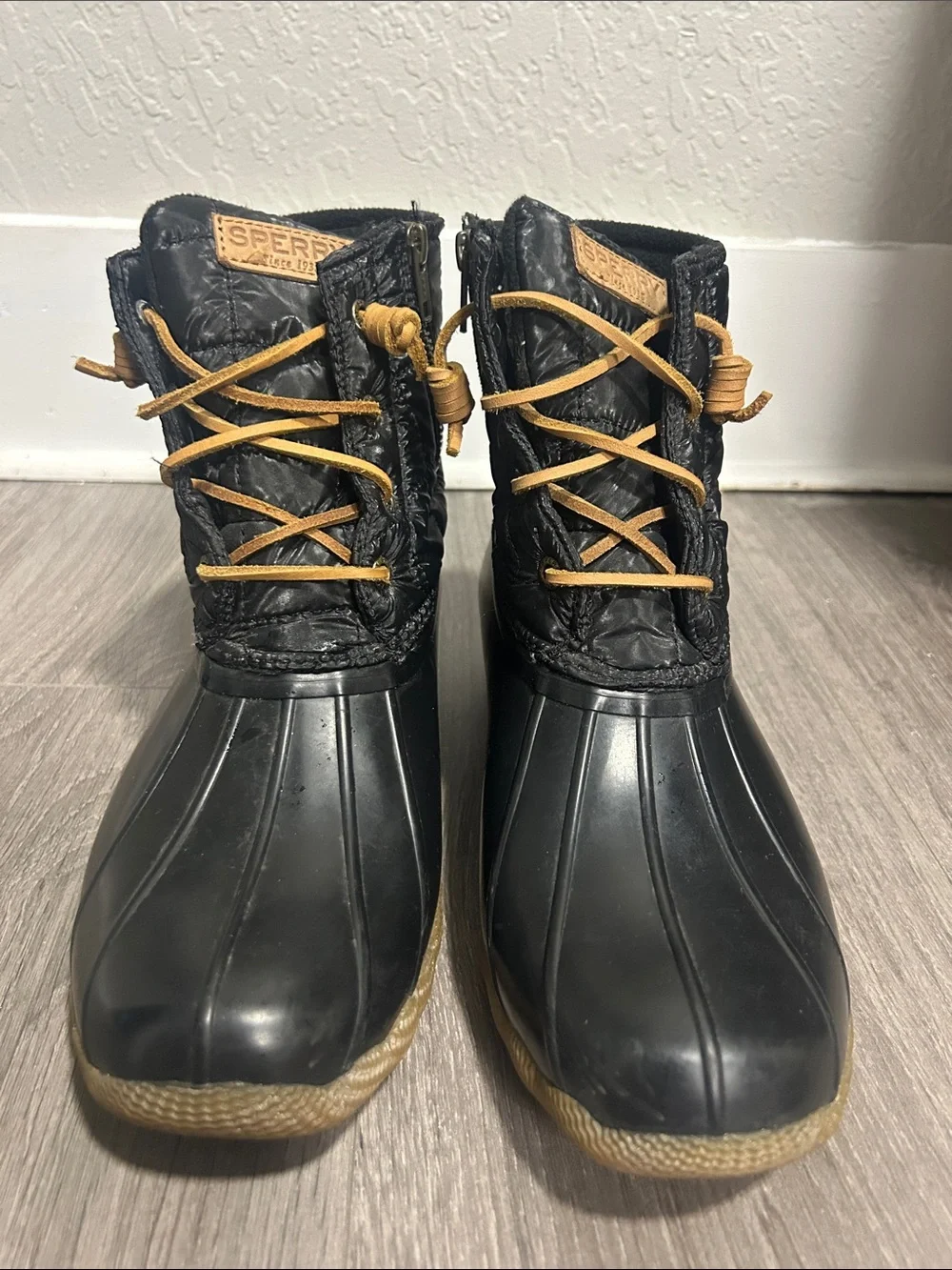 Sperry Black Waterproof Duck Boots with Tan Laces